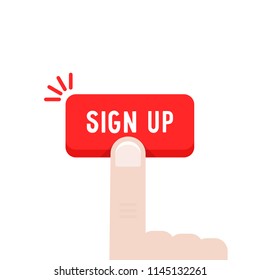 forefinger press on sign up button. concept of create profile in social or mass media like website service. flat simple trend modern signin registrer logotype graphic signup design isolated on white svg