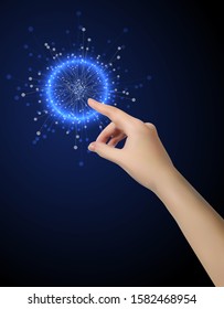 Forefinger is pressing 3D sphere on Futuristic Background. Womans wrist closeup. Silhouette of female hand. Finger pushing any screen, Touch sensor. Realistic vector Gesture shows direction or include