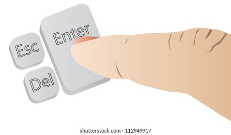 Forefinger is pressing big Enter button isolated