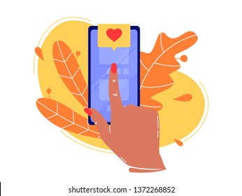 Forefinger is pressing button on the smartphone in application and likes. Social networks, rating. Flat vector concept illustration isolated on white