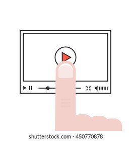 forefinger push on linear video player. concept of e-learning, website ui, vision blog, commerce, news tv, training, record. flat style trend modern logo design vector illustration on white background