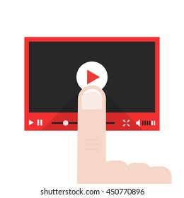 forefinger push on video player button. concept of e-learning, website ui, vision blog, commerce, news tv, training, record. flat style trend modern logo design vector illustration on white background