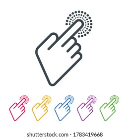 Forefinger pushing button. Colorful click flat icons with hand cursors.
