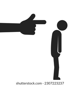 forefinger and sad person like you are fired. concept of humiliating an employee and subordinate or bullying in community and society. flat simple style trend modern graphic design isolated on white