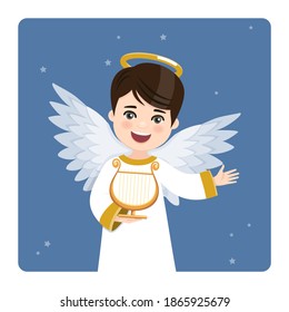 Foreground angel playing the harp on blue sky and stars background. Vector illustration