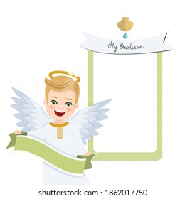 Foreground angel with ribbon. Baptism invitation with message. Vector illustration