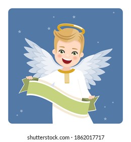 Foreground angel with ribbon on blue sky and stars background. Vector illustration