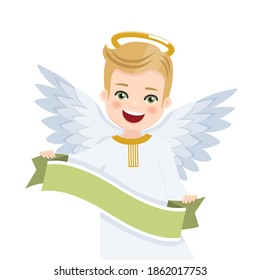 Foreground angel with ribbon on white background. Vector illustration