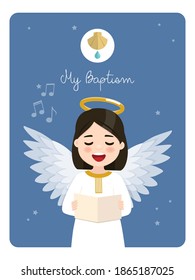 Foreground angel singing. Baptism reminder on blue sky background. Vector illustration