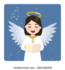 Foreground angel singing on blue sky and stars background. Vector illustration