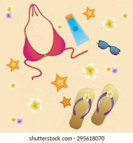 In the foreground appears on beach sand a few starfish, plumeria flower, in bloom, a tube of sunscreen, a bikini top, a sunglasses and flip flop sandals.