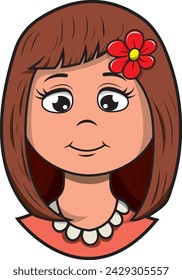 Foreground female face of latina woman with a flower on her head, cartoon style vector illustration.