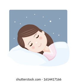 Foreground girl asleep in bed at night. Sweet dreams. Vector illustration