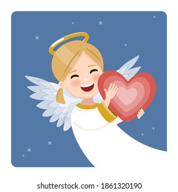 Foreground happy angel with red heart on blue sky and stars background. Vector illustration