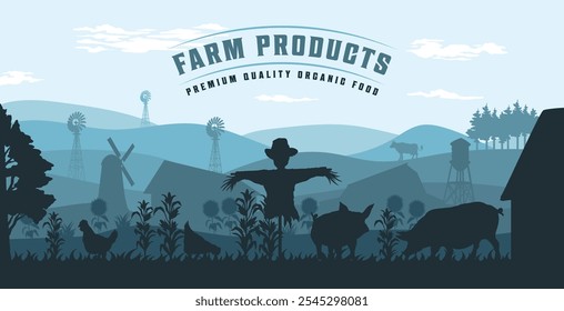 In the foreground, a scarecrow stands amidst crops while livestock like cows and chickens roam in the background, set against a rural farm setting under a clear blue sky.