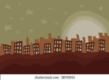 Foreground shapes, moon and stars, front buildings, and back buildings are all on separate layers. Front buildings are separate from bottom foreground. Easy to add or subtract.