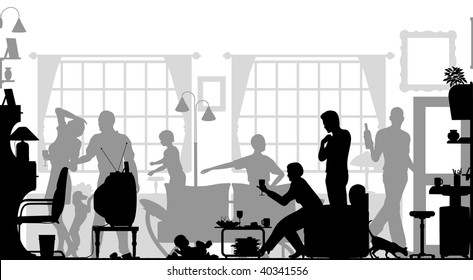 Foreground silhouette of a family gathering in a living room with all elements as separate editable objects