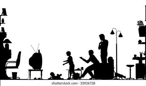 Foreground silhouette of a family in a living room with all elements as separate editable objects