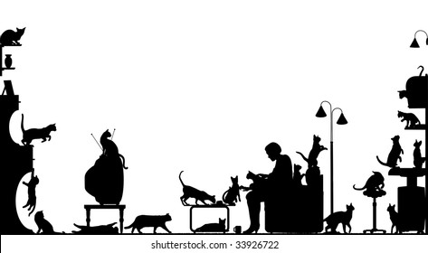 Foreground silhouette of a woman in a living room with twenty cats; with all elements as separate editable objects