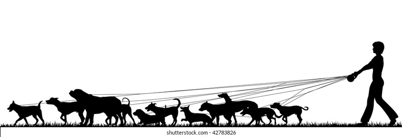 Foreground silhouette of a woman walking many dogs with all elements as separate editable objects