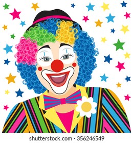 Foreground smiling clown isolated on white background