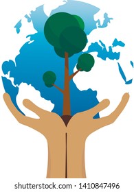 In the foreground is a tree growing from the hands of a man and in the background is a globe. Logo, icon. Small world . Vector