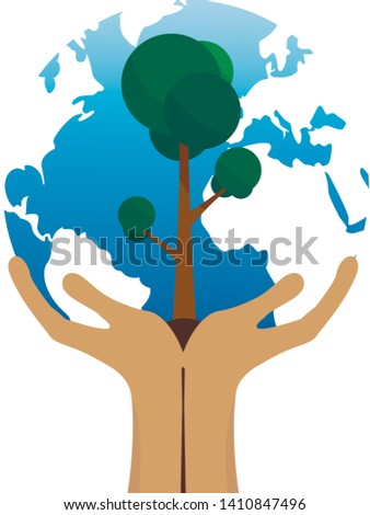 In the foreground is a tree growing from the hands of a man and in the background is a globe. Logo, icon. Small world . Vector