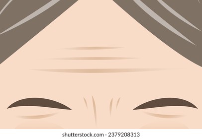 Forehead and Frown lines on face of mature woman vector illustration. The deep aging wrinkles on upper face, Forehead lines and Frown lines. Skin problem concept.