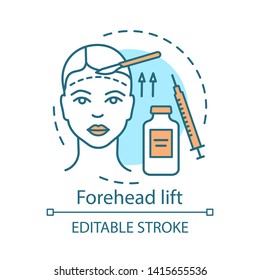 Forehead lift concept icon. Reduce face wrinkle lines idea thin line illustration. Surgical procedure. Brow lift. Rejuvenation. Droopy eyelids. Vector isolated outline drawing. Editable stroke