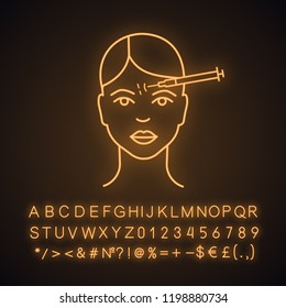 Forehead neurotoxin injection neon light icon. Frown lines anti wrinkle injection. Wrinkles reducing. Facial rejuvenation. Glowing sign with alphabet, numbers and symbols. Vector isolated illustration