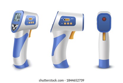 Forehead thermometer, non contact infrared medical tool for fever. Safe and hygiene tool. Vector realistic thermometer illustration isolated on white background