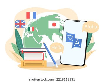 Foreighn languages concept. International communication and interaction. Interface for translator program and application. Modern technologies and digital world. Cartoon flat vector illustration