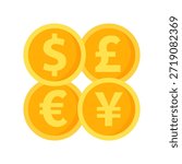 Foreign currency coins. Dollar, euro, yen and pound. Financial, banking, exchange, commerce concepts. Flat vector design isolated illustration.