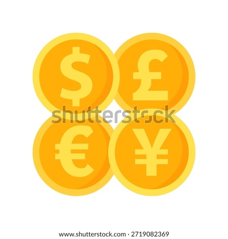 Foreign currency coins. Dollar, euro, yen and pound. Financial, banking, exchange, commerce concepts. Flat vector design isolated illustration.