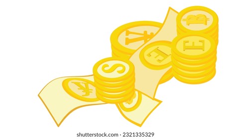 ilustración vectorial de monedas en moneda extranjera sobre fondo blanco.