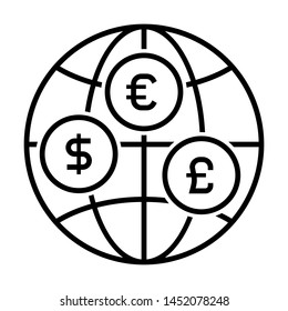 Foreign currency with global. Stroke outline style. Vector. Isolate on white background.