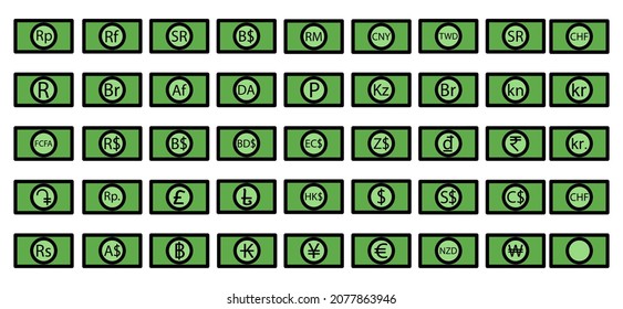 Foreign currency gold banknotes icon set. Vector illustration.
