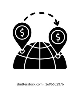 Foreign direct investment black glyph icon. International business, controlling ownership. Horizontal, platform and vertical FDI. Silhouette symbol on white space. Vector isolated illustration