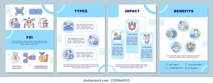 Foreign direct investment blue brochure template, leaflet design with linear icons, 4 vector layouts.