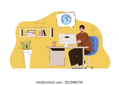 Foreign education concept. Student studies at computer at foreign university situation. Online learning people scene. Vector illustration with flat character design for website and mobile site