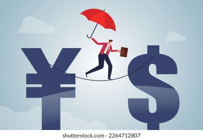 Foreign exchange and currency investment risks, financial policies, currency exchange, businessmen with umbrellas walking a tightrope from the Chinese currency symbol to the dollar sign