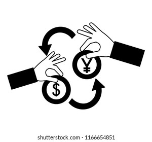foreign exchange hands with yen and dollar coins