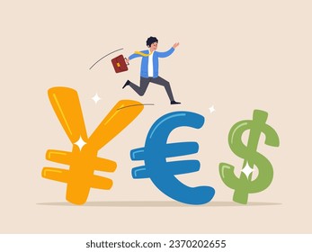 Foreign Exchange trading between currency around the word or investment fund flow concept, success businessman investor wearing suit walking on Japanese yen, Euro and US Dollar money currency symbol.