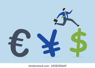Foreign Exchange trading between currency. Businessman investor in a suit strolling over the money symbols for the US dollar, the euro, and the Japanese yen.