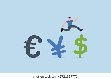 Negociação cambial entre moedas. Empresário investidor em um terno passeando sobre os símbolos do dinheiro para o dólar dos EUA, o euro, e o iene japonês