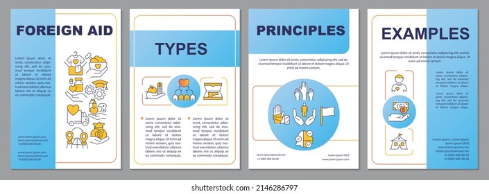 Foreign humanitarian assistance blue brochure template. Overseas aid. Leaflet design with linear icons. 4 vector layouts for presentation, annual reports. Arial, Myriad Pro-Regular fonts used