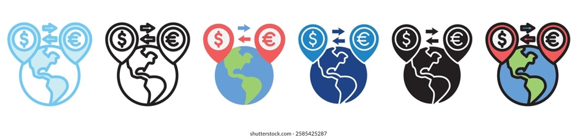 Foreign Investment multi style, mini illustration icon. outline, flat, glyph, dual tone, line color, UI, UX kit, app and web development, digital or print. For finance, business, economy.