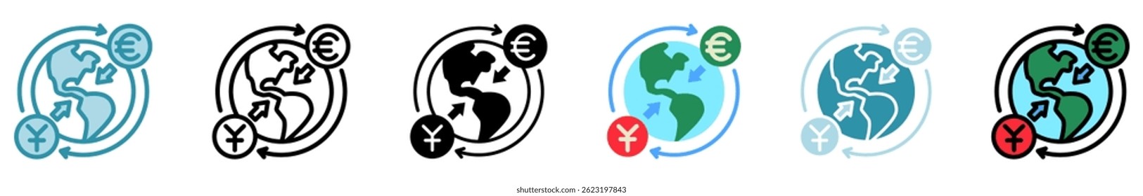 Estilo multi de la inversión extranjera, mini icono de la ilustración. contorno, plano, glifo, color de línea. Vector para UI, UX, App, Web, digital o impreso, relacionado con la guerra comercial, competencia económica, negocios, finanzas.