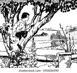 Ausländische Landschaften, diese Szene zeigt einen Jungen, der auf Baum sitzt und Blumen und Land betrachtet, Vintage-Linie Zeichnung oder Gravitation Illustration