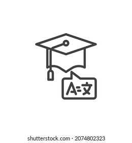 Icono de línea de la academia de idiomas extranjeros. signo de estilo lineal para concepto móvil y diseño web. Icono de vector de contorno de graduación del traductor. Símbolo, ilustración del logotipo. Gráficos vectoriales